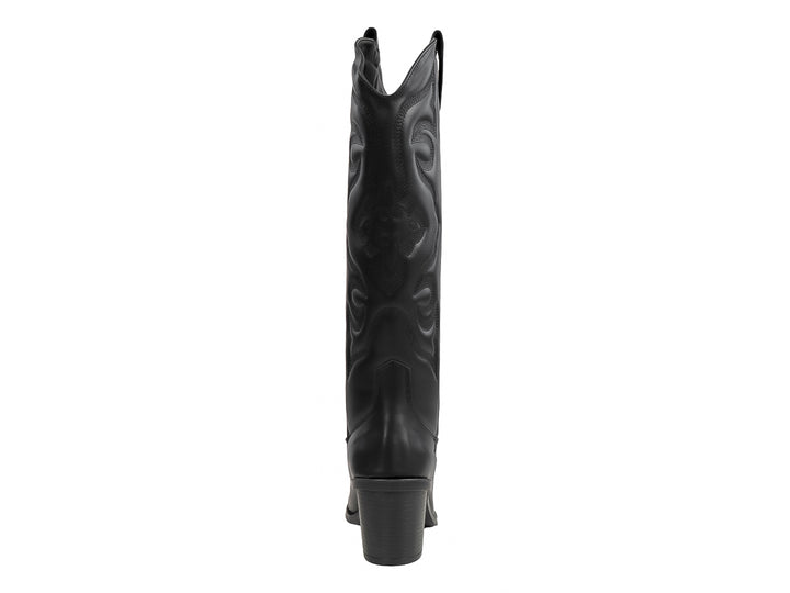 Bota vaquera de color negro con tacón y detalles bordados en el cuerpo.