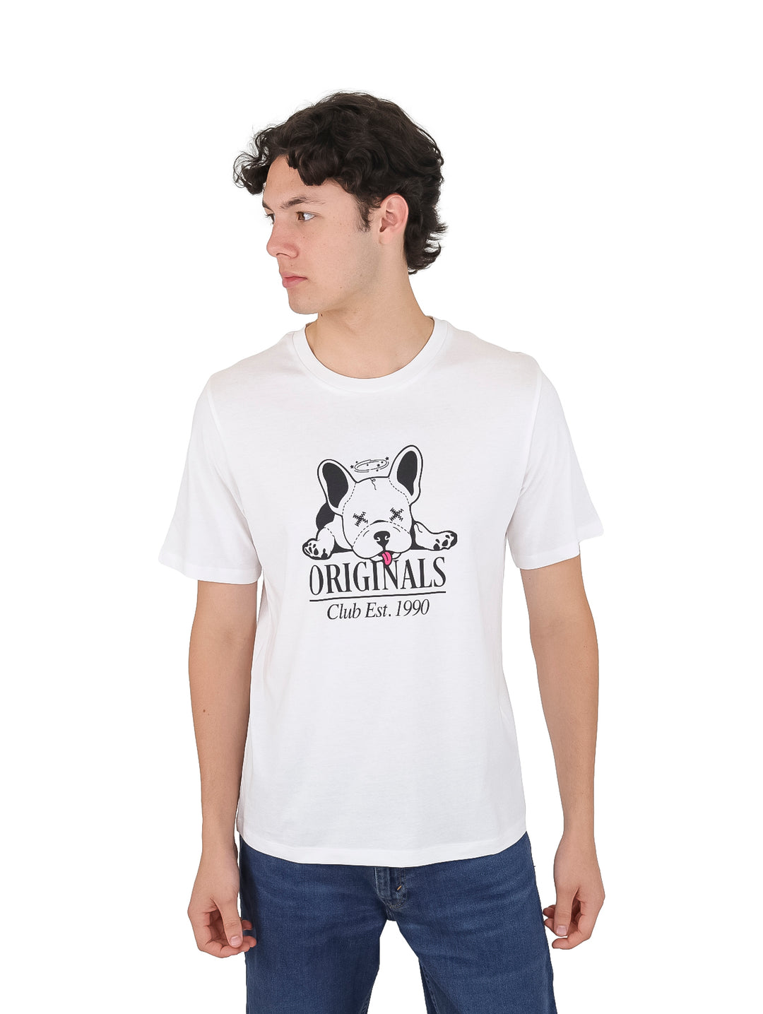 Camiseta blanca de manga corta con estampado negro de un perro y texto &