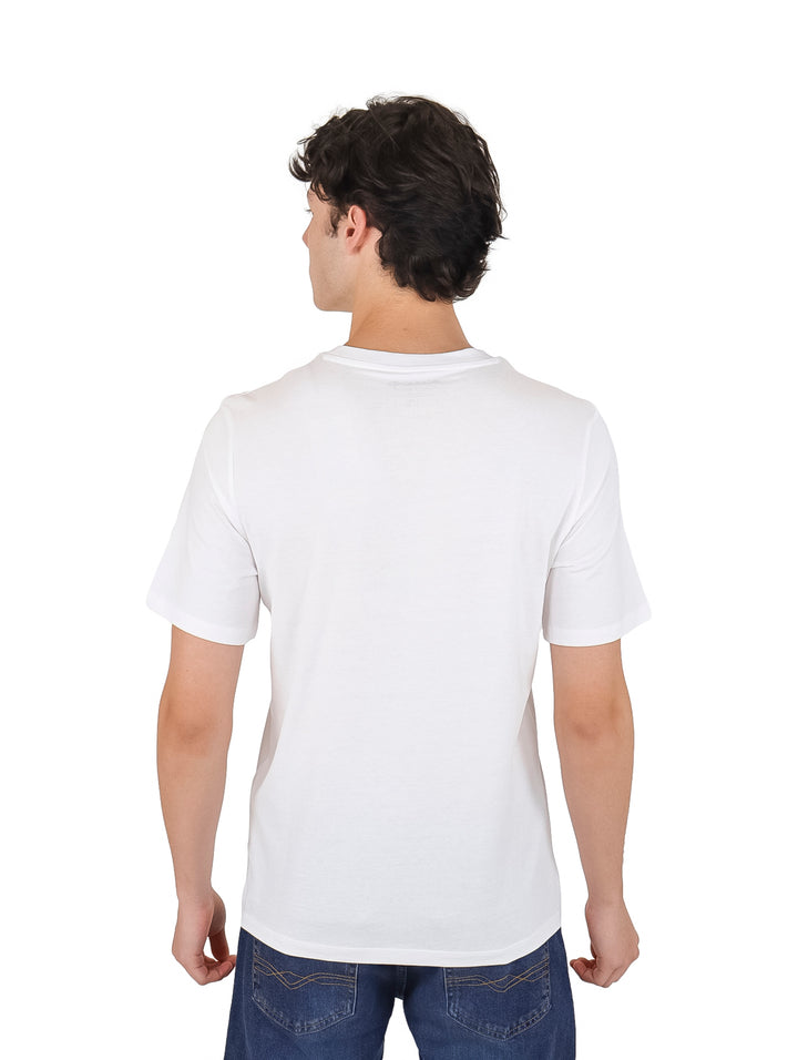 Camiseta blanca de manga corta con estampado negro de un perro y texto &