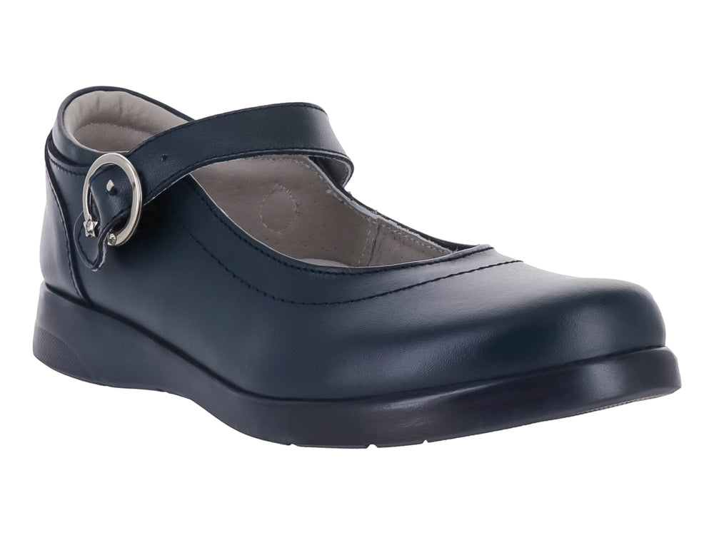 Zapato infantil de piel color azul marino con correa y hebilla plateada.