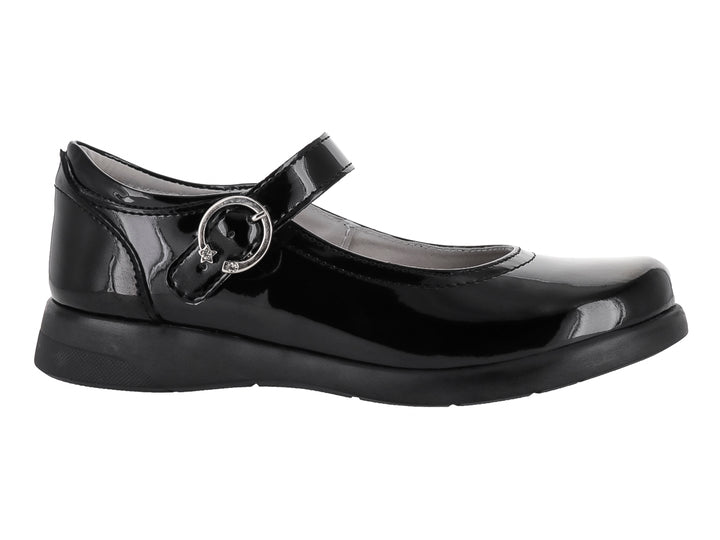 Zapato infantil de charol negro con correa y hebilla plateada, estilo clásico escolar.