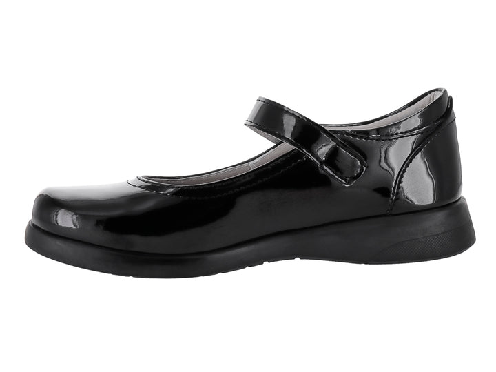 Zapato infantil de charol negro con correa y hebilla plateada, estilo clásico escolar.