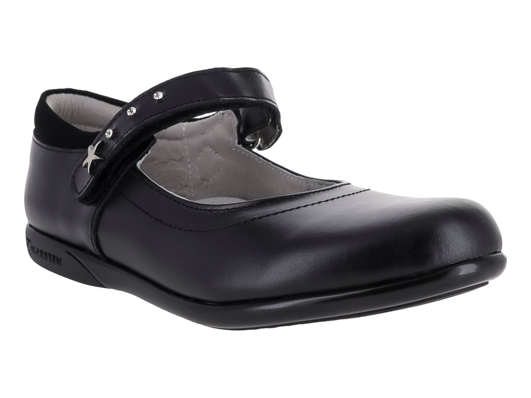 Zapato negro de piel para Niña con correa y detalle de estrella plateada.