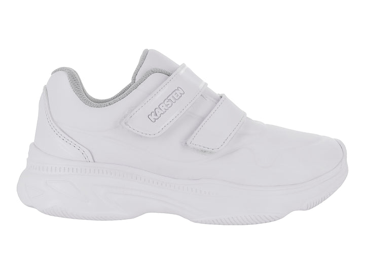 Tenis deportivos blancos para niños de la marca Karsten con cierre de velcro.