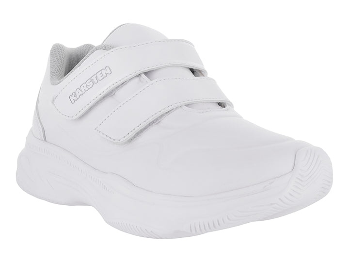 Tenis deportivos blancos para niños de la marca Karsten con cierre de velcro.