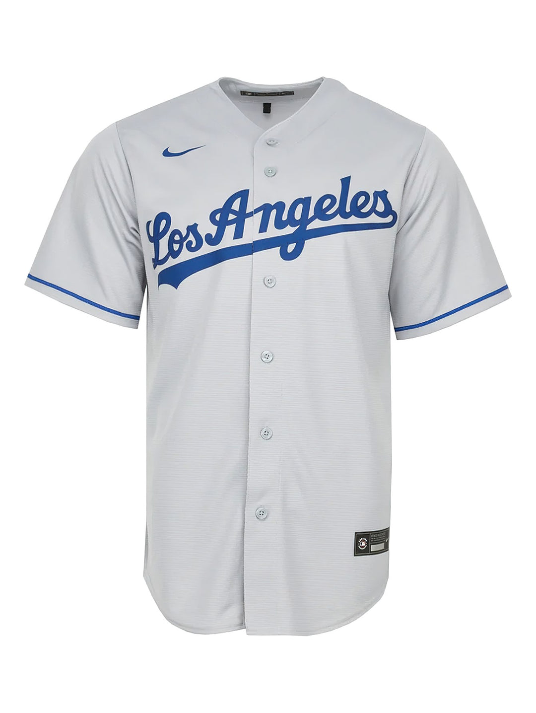 Jersey de béisbol Nike de los Los Angeles Dodgers en color gris con letras y detalles en azul.