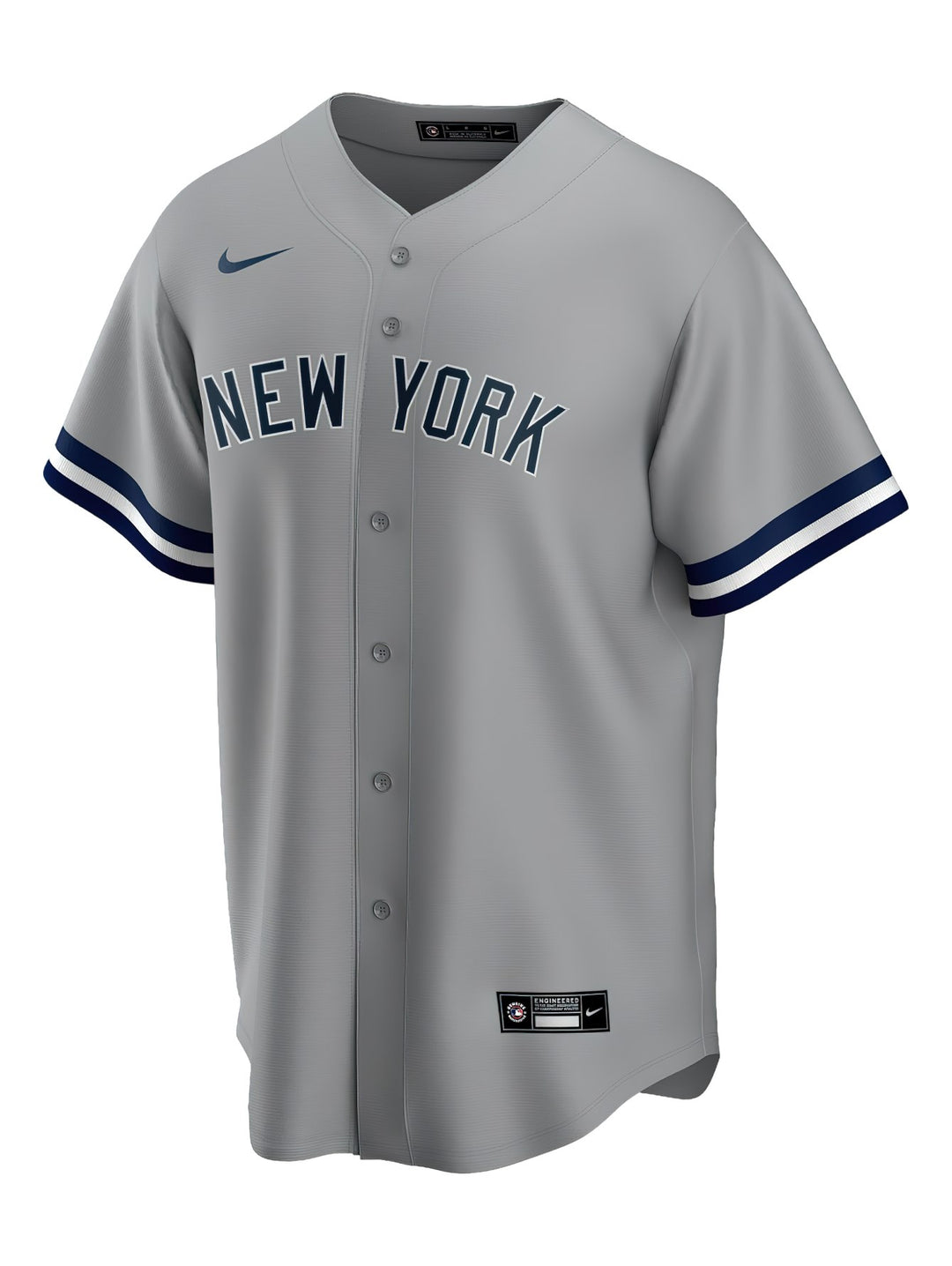 Jersey de béisbol Nike color gris con letras 'NEW YORK' en azul marino y detalles en las mangas.