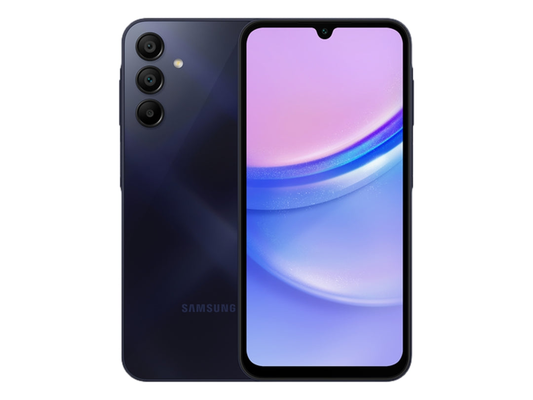 Smartphone Samsung A15 color negro, vista frontal y posterior sobre fondo blanco.