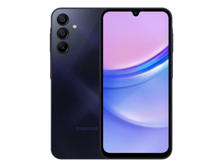 Smartphone Samsung A15 color negro, vista frontal y posterior sobre fondo blanco.
