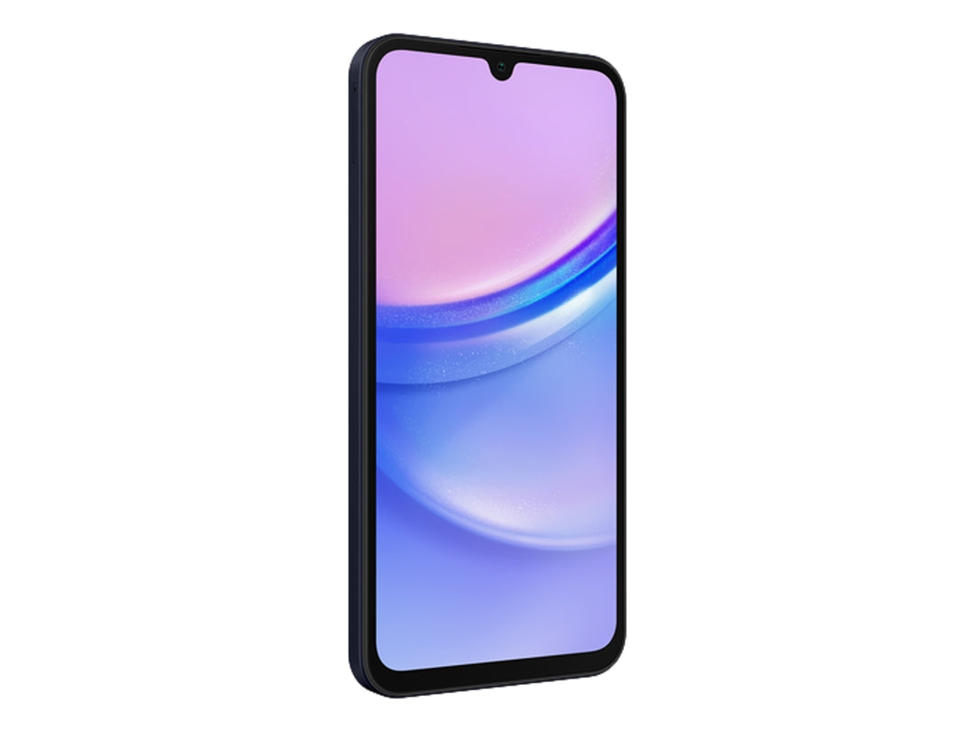 Smartphone Samsung A15 color negro, vista frontal y posterior sobre fondo blanco.