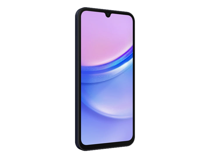 Smartphone Samsung A15 color negro, vista frontal y posterior sobre fondo blanco.