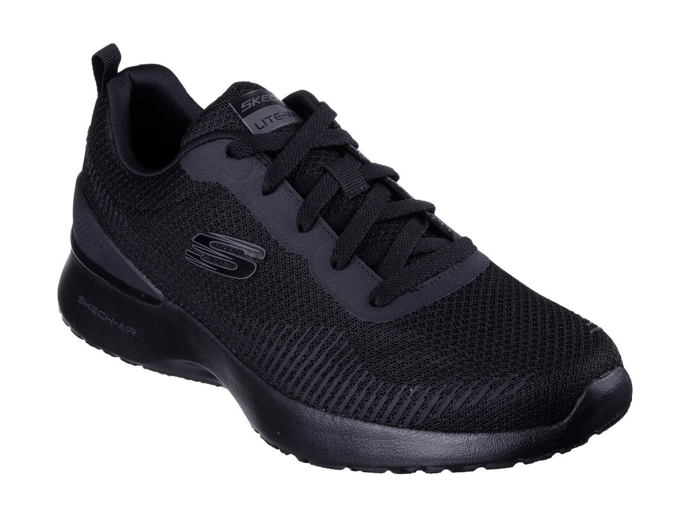 Tenis deportivos Skechers color negro con tejido de malla y suela gruesa.