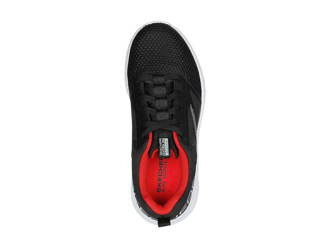Tenis deportivos Skechers Go Run Elevate en color negro con detalles rojos y suela blanca gruesa.