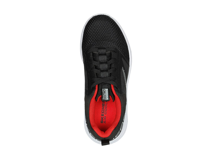 Tenis deportivos Skechers Go Run Elevate en color negro con detalles rojos y suela blanca gruesa.