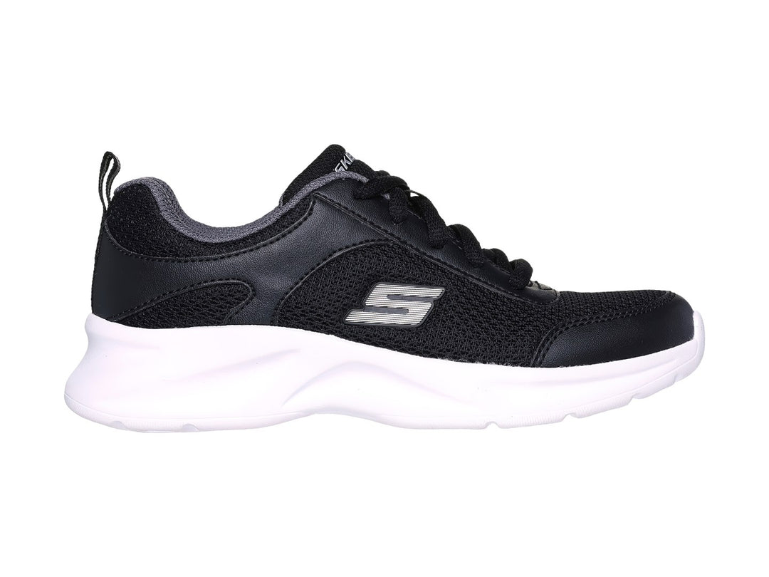 Tenis deportivos Skechers color negro con suela blanca y detalles en gris.