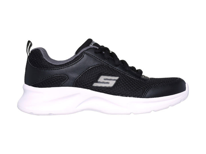 Tenis deportivos Skechers color negro con suela blanca y detalles en gris.