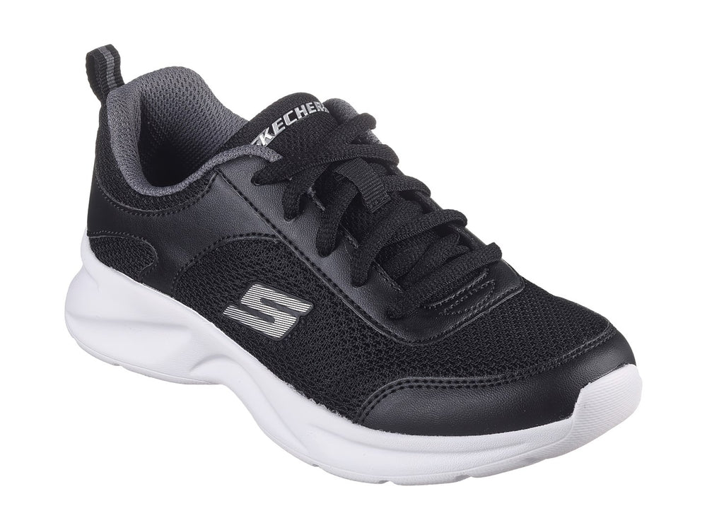 Tenis deportivos Skechers color negro con suela blanca y detalles en gris.
