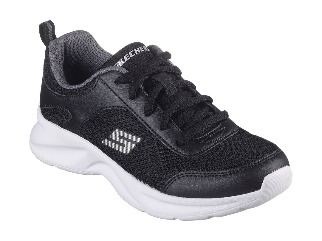 Tenis deportivos Skechers color negro con suela blanca y detalles en gris.