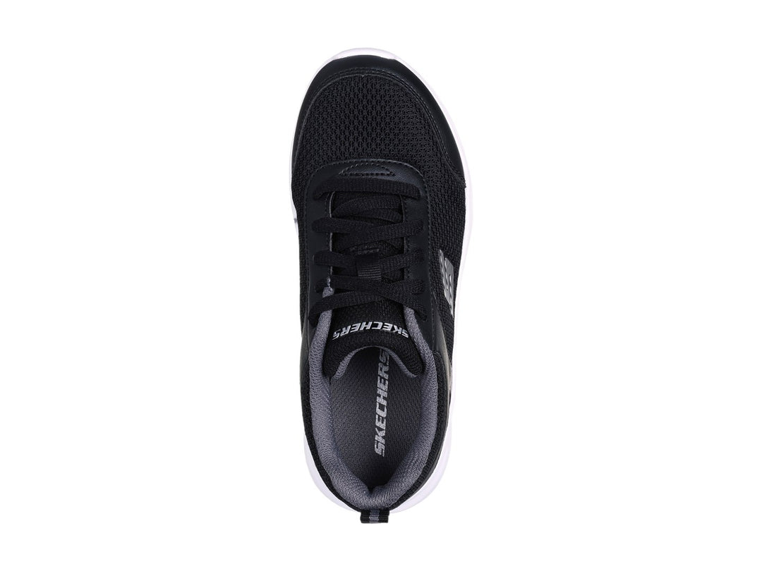 Tenis deportivos Skechers color negro con suela blanca y detalles en gris.