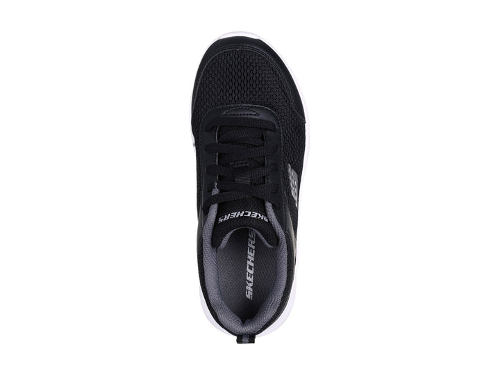 Tenis deportivos Skechers color negro con suela blanca y detalles en gris.
