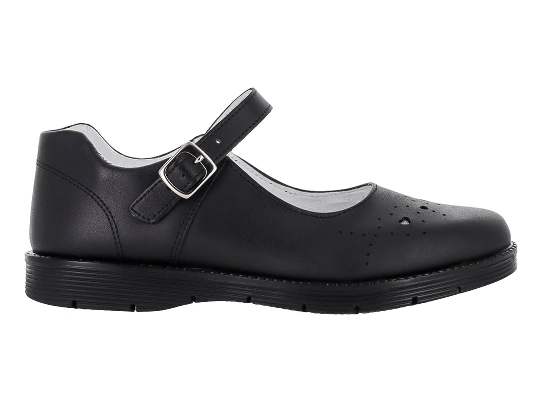 Zapato escolar negro para niños tipo Mary Jane con hebilla plateada y punta redondeada.
