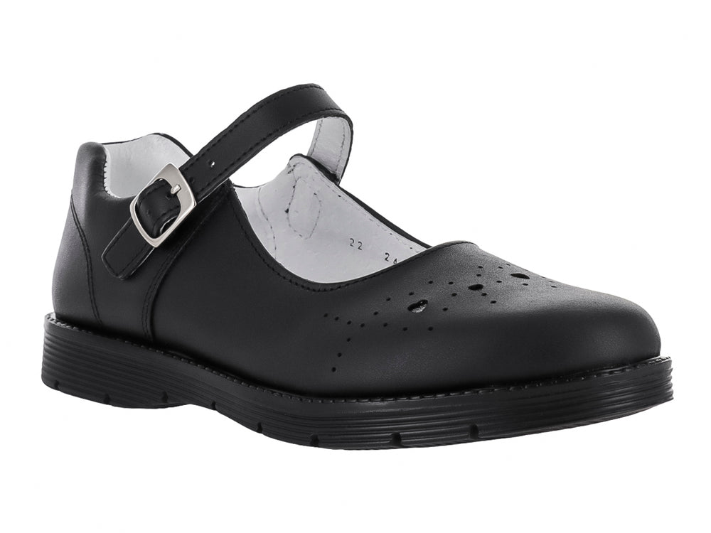 Zapato escolar negro para niños tipo Mary Jane con hebilla plateada y punta redondeada.