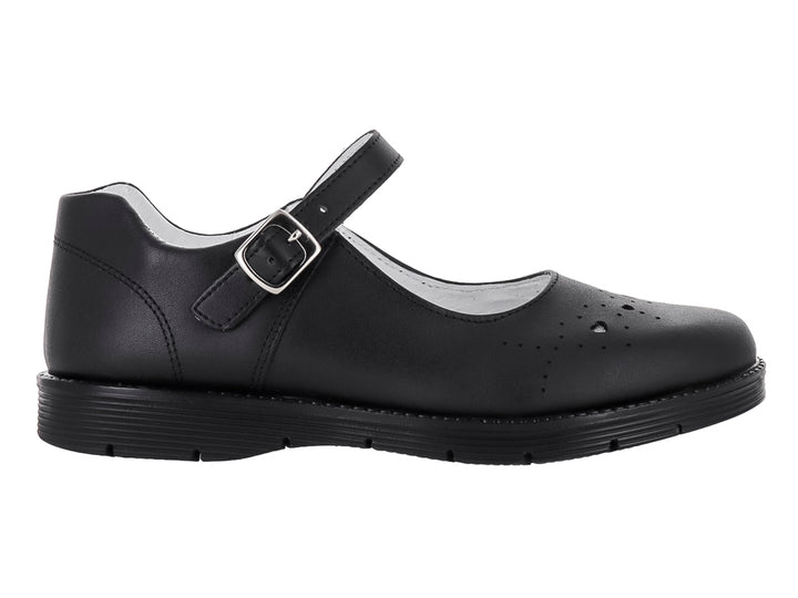 Zapato escolar negro estilo Mary Jane con correa y hebilla plateada.