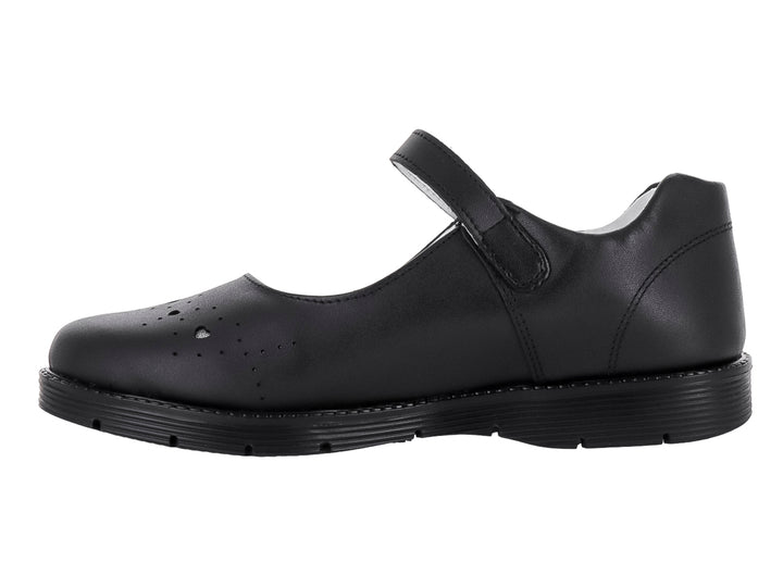 Zapato escolar negro estilo Mary Jane con correa y hebilla plateada.