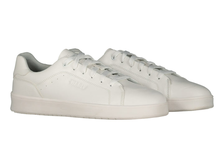 Tenis deportivos Charly de color blanco con agujetas y suela blanca, vista lateral.