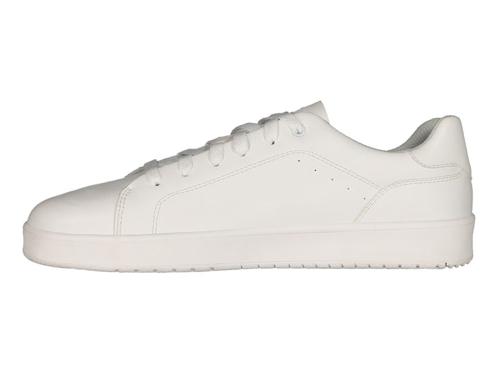 Tenis deportivos Charly de color blanco con agujetas y suela blanca, vista lateral.