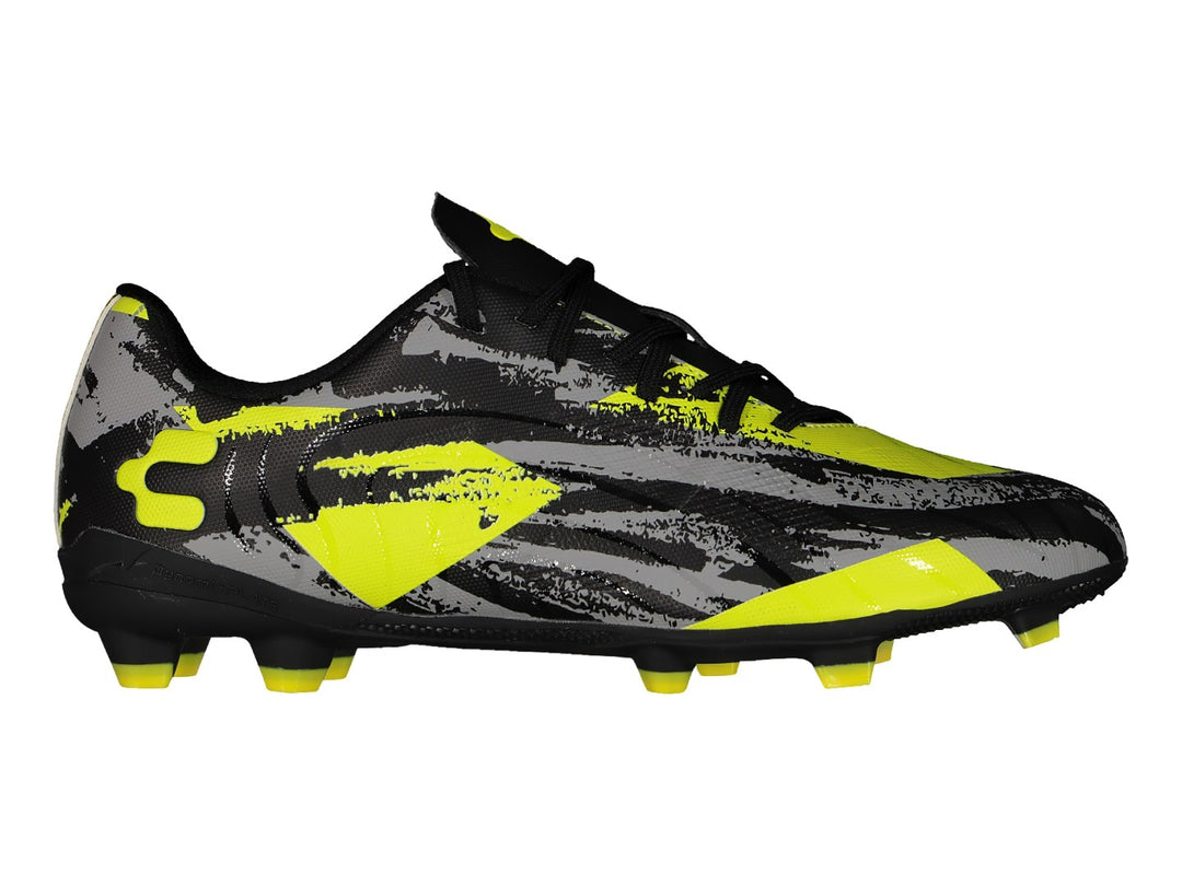 Zapato de fútbol Charly con diseño multicolor en negro, gris y verde lima.