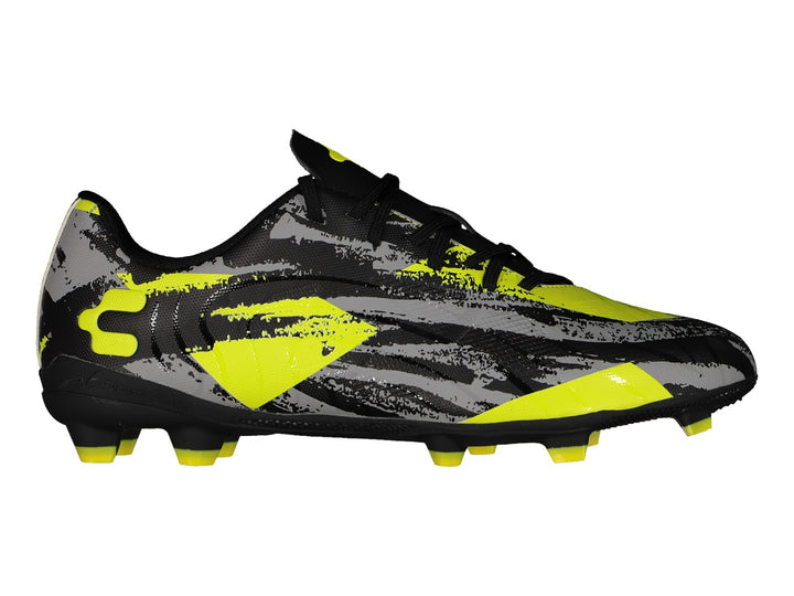 Zapato de fútbol Charly con diseño multicolor en negro, gris y verde lima.