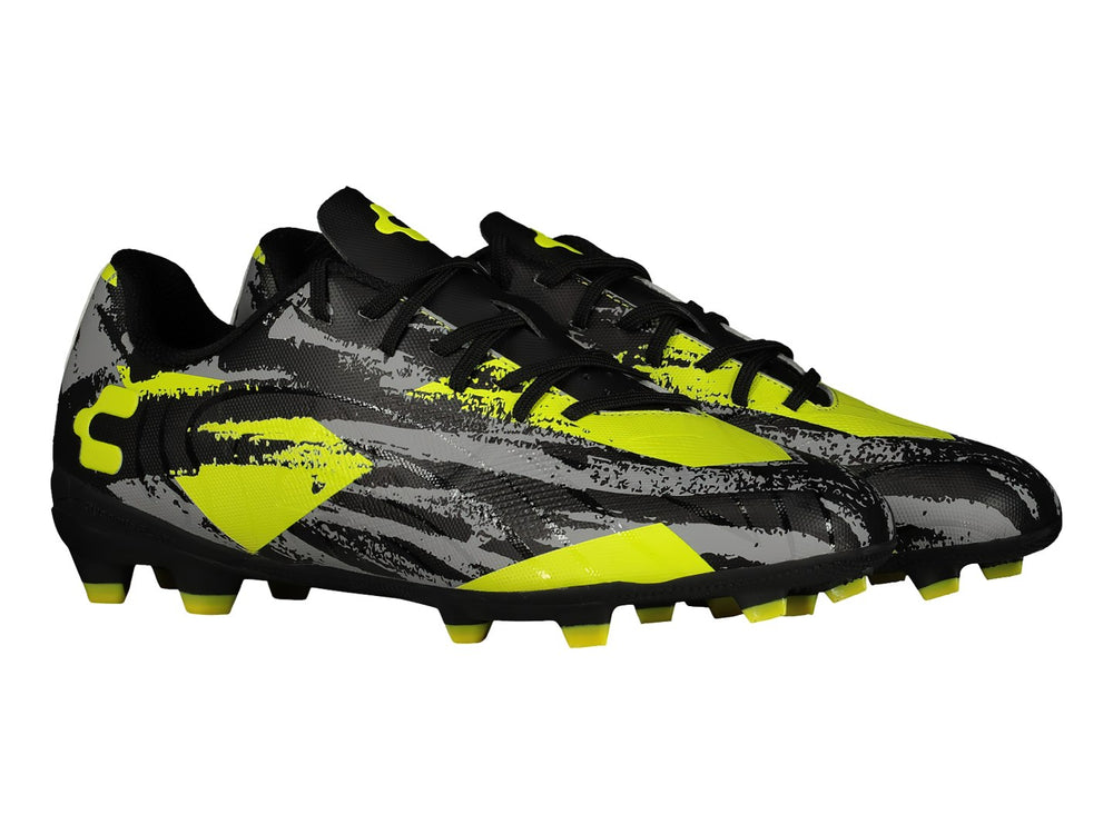 Zapato de fútbol Charly con diseño multicolor en negro, gris y verde lima.