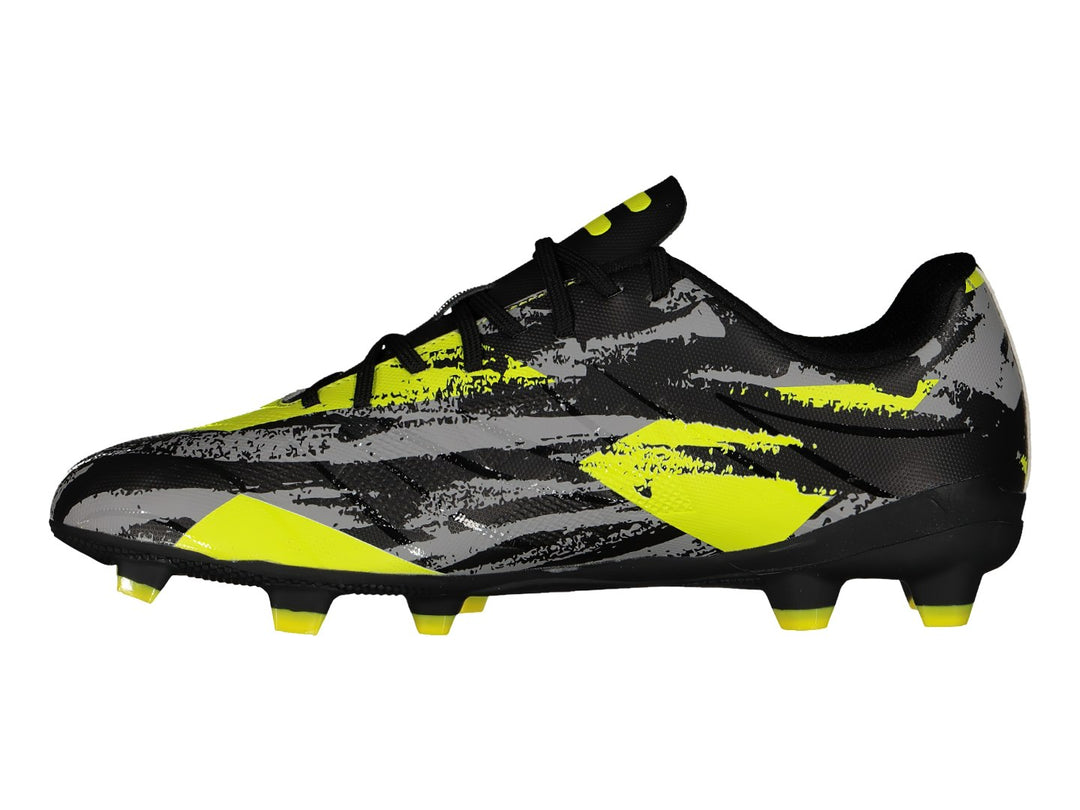 Zapato de fútbol Charly con diseño multicolor en negro, gris y verde lima.