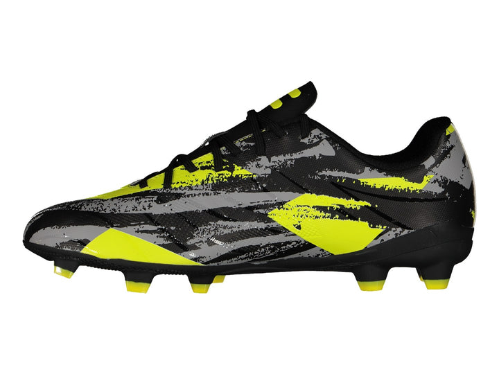 Zapato de fútbol Charly con diseño multicolor en negro, gris y verde lima.