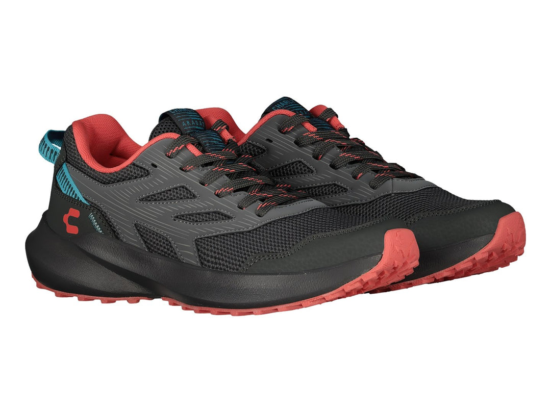 Tenis deportivos Charly color gris oscuro con suela y detalles en rojo y pestaña azul.
