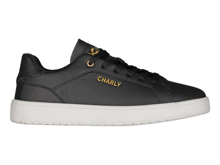 Tenis deportivos Charly en color negro con suela blanca y detalles dorados.