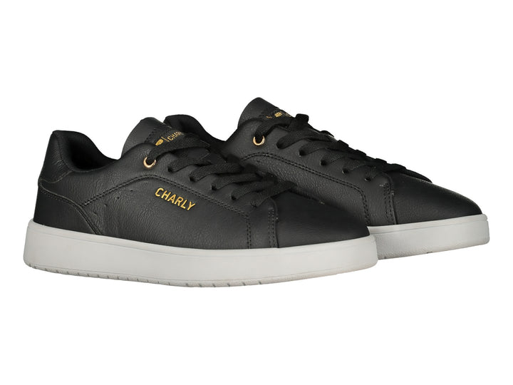 Tenis deportivos Charly en color negro con suela blanca y detalles dorados.