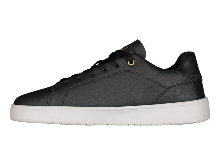 Tenis deportivos Charly en color negro con suela blanca y detalles dorados.