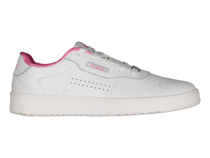 Tenis deportivos Charly color blanco con detalles en rosa y suela blanca.