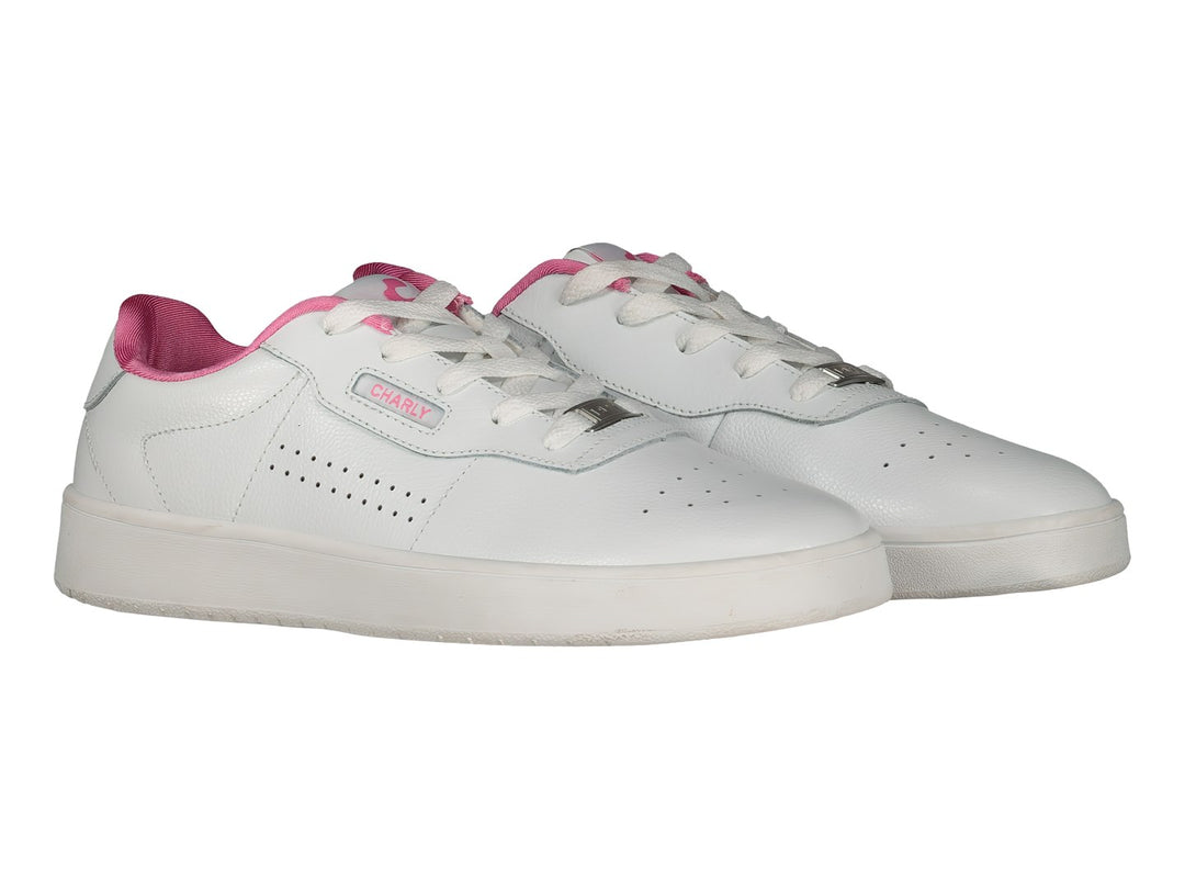 Tenis deportivos Charly color blanco con detalles en rosa y suela blanca.