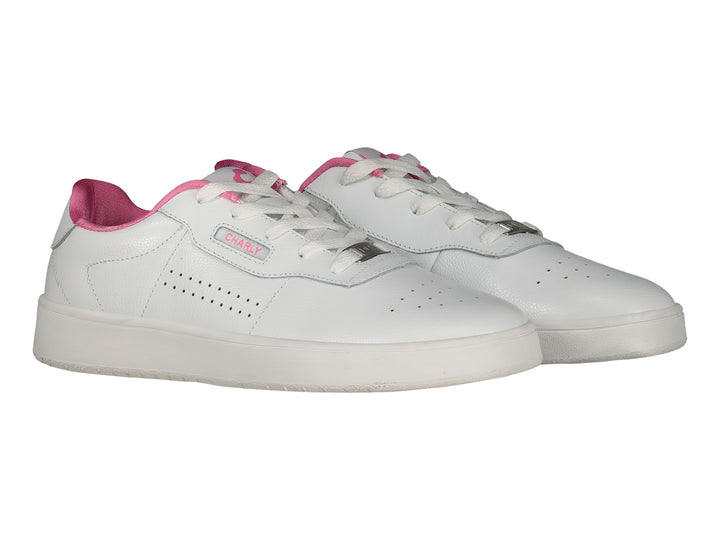 Tenis deportivos Charly color blanco con detalles en rosa y suela blanca.