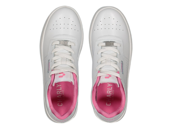 Tenis deportivos Charly color blanco con detalles en rosa y suela blanca.