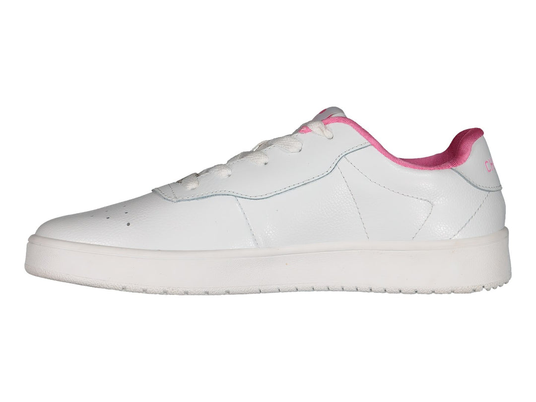 Tenis deportivos Charly color blanco con detalles en rosa y suela blanca.