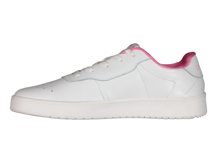 Tenis deportivos Charly color blanco con detalles en rosa y suela blanca.