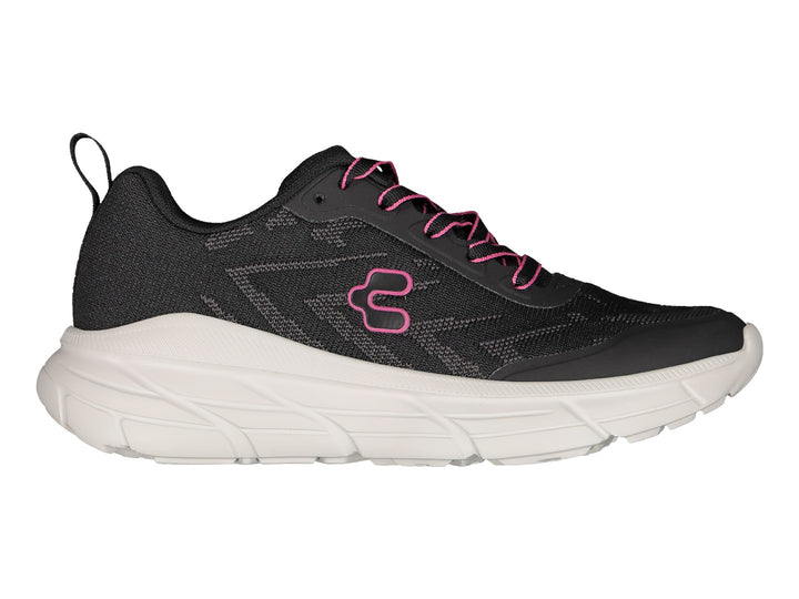 Tenis deportivos Charly color negro con suela blanca y detalles en rosa.