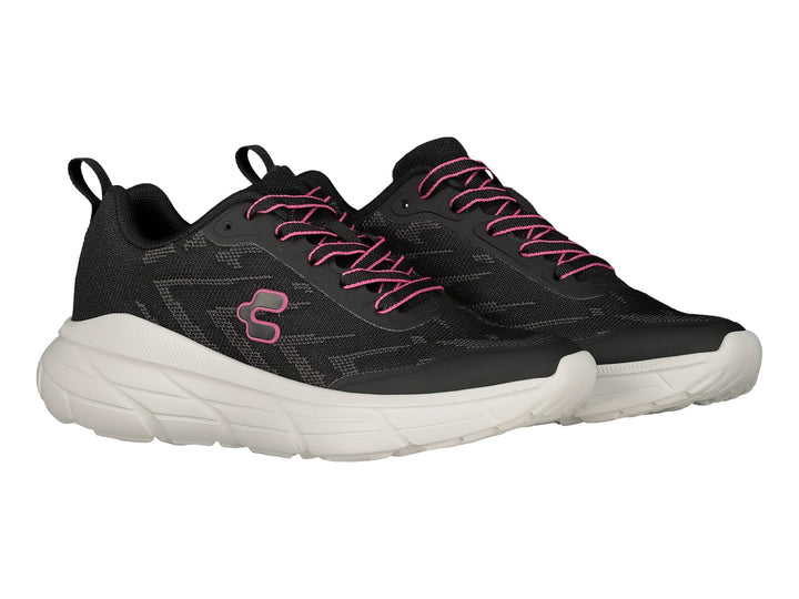 Tenis deportivos Charly color negro con suela blanca y detalles en rosa.