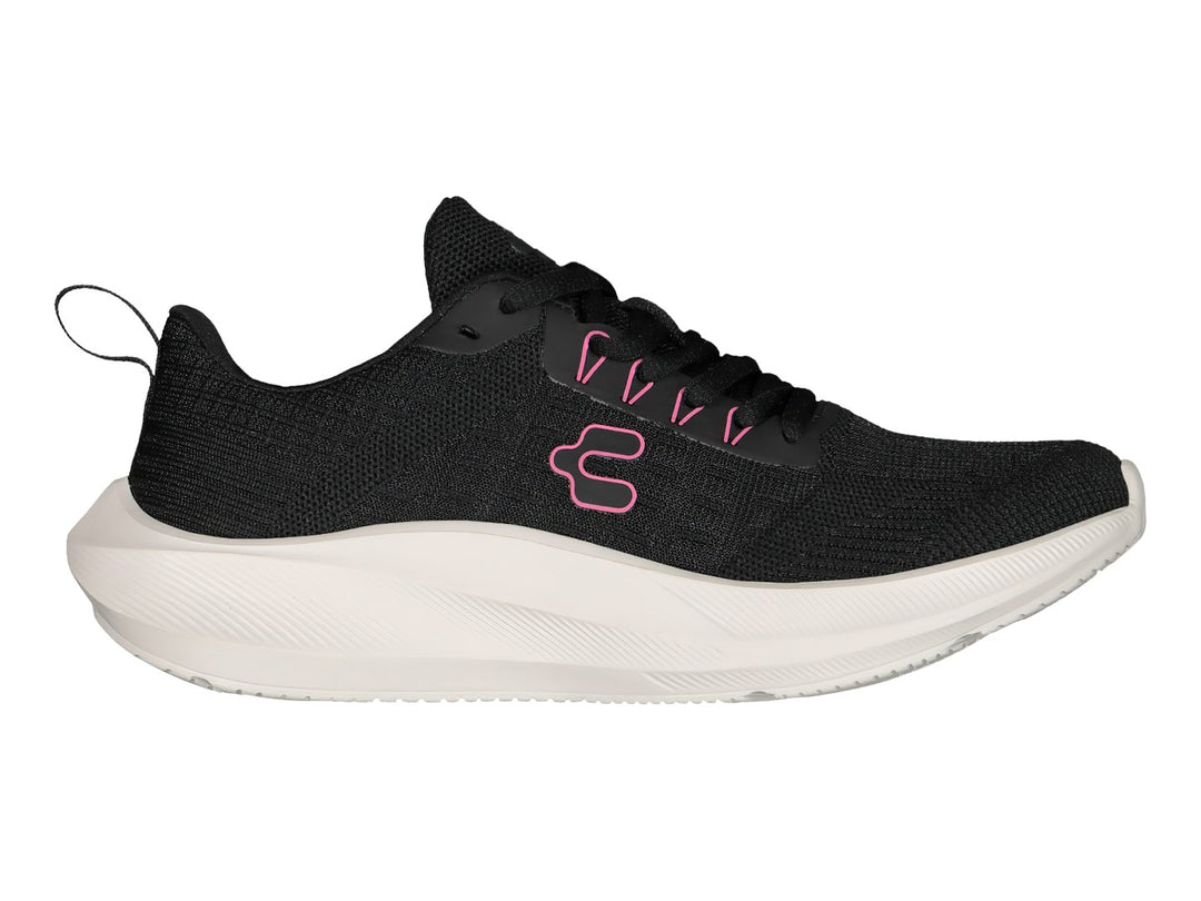 Tenis deportivos Charly color negro con suela blanca y detalles en rosa.