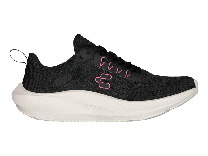 Tenis deportivos Charly color negro con suela blanca y detalles en rosa.