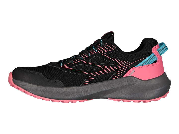 Tenis deportivos Charly color negro con detalles en fucsia y azul y suela gris.